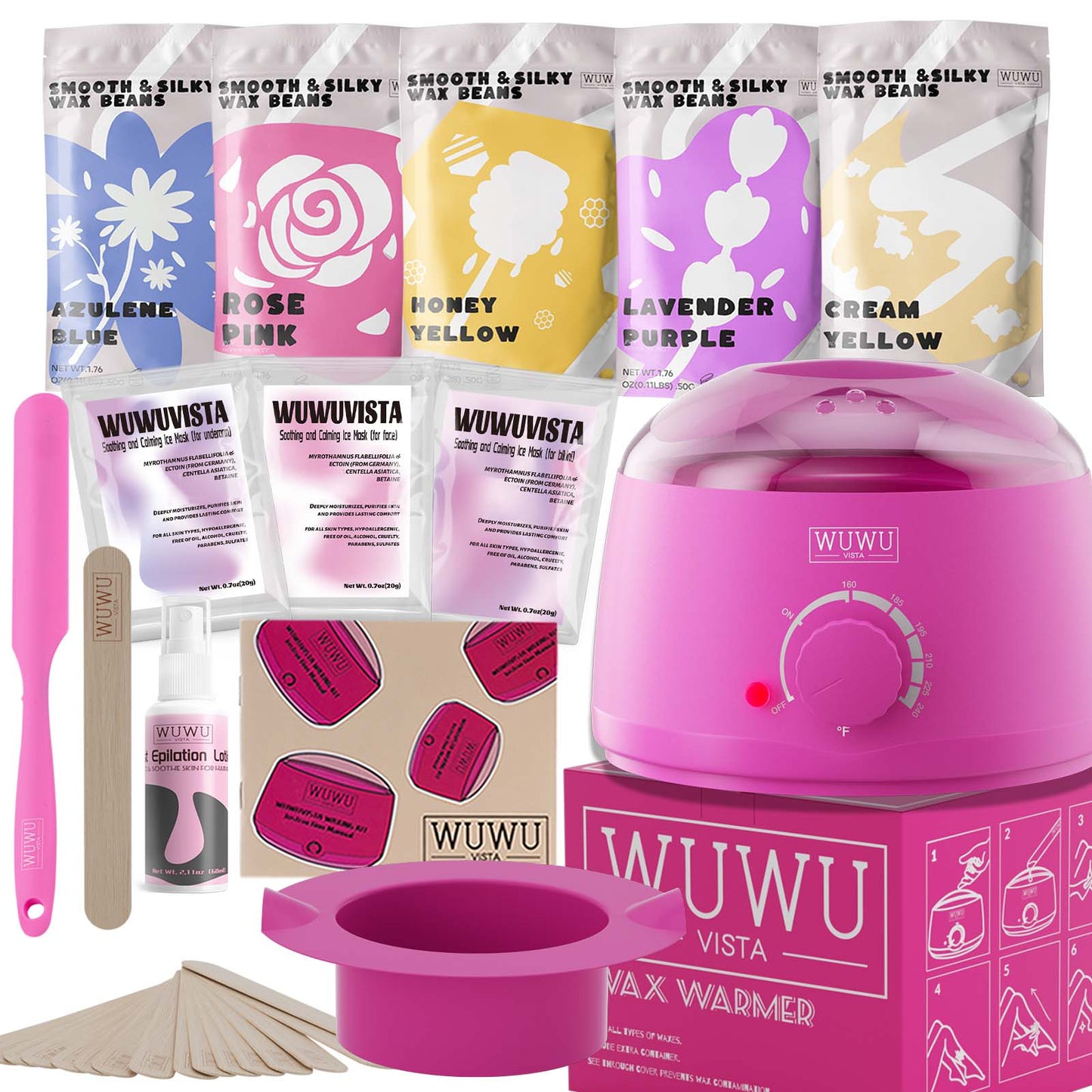 WUWUVISTA Waxing Kit 23 Items – Wax Warmer & Hair Removal Beads for Face, Body, Bikini & Sensitive Skin, US/EU Plug