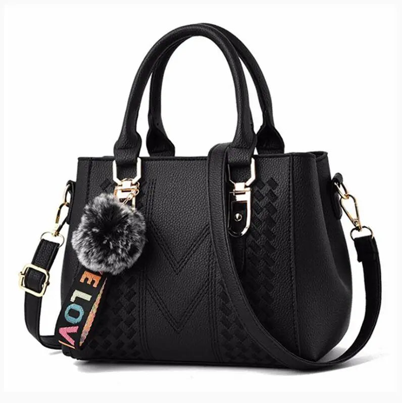 Women’s Embroidery Messenger Bag | Leather Handbag with Hair Ball