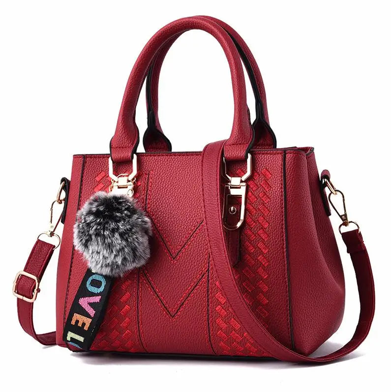 Women’s Embroidery Messenger Bag | Leather Handbag with Hair Ball