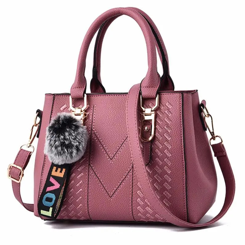 Women’s Embroidery Messenger Bag | Leather Handbag with Hair Ball
