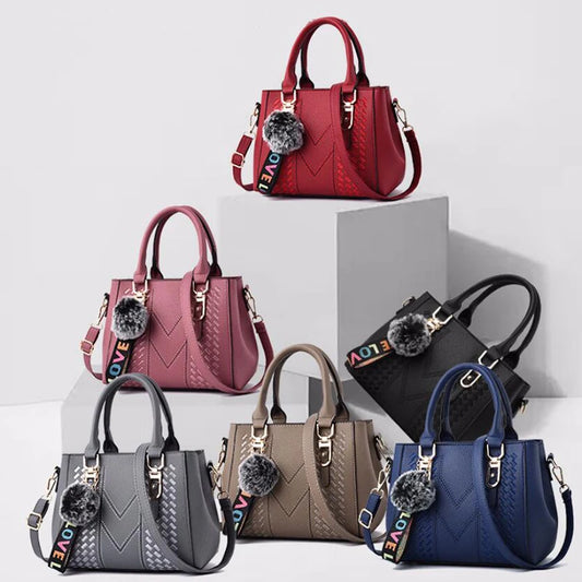 Women’s Embroidery Messenger Bag | Leather Handbag with Hair Ball