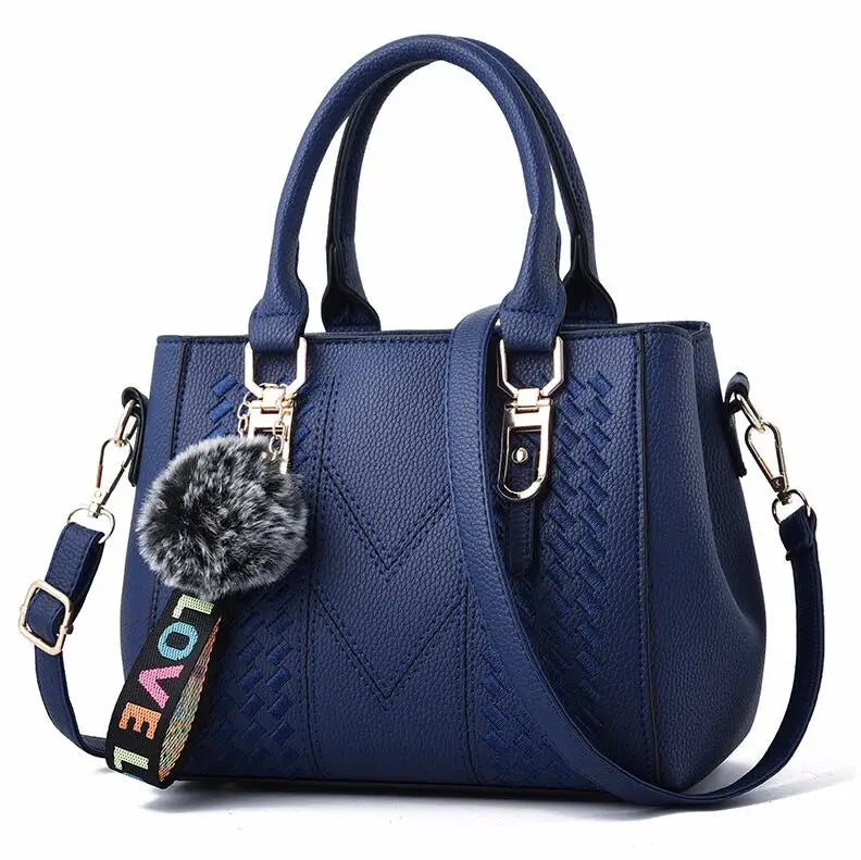 Women’s Embroidery Messenger Bag | Leather Handbag with Hair Ball