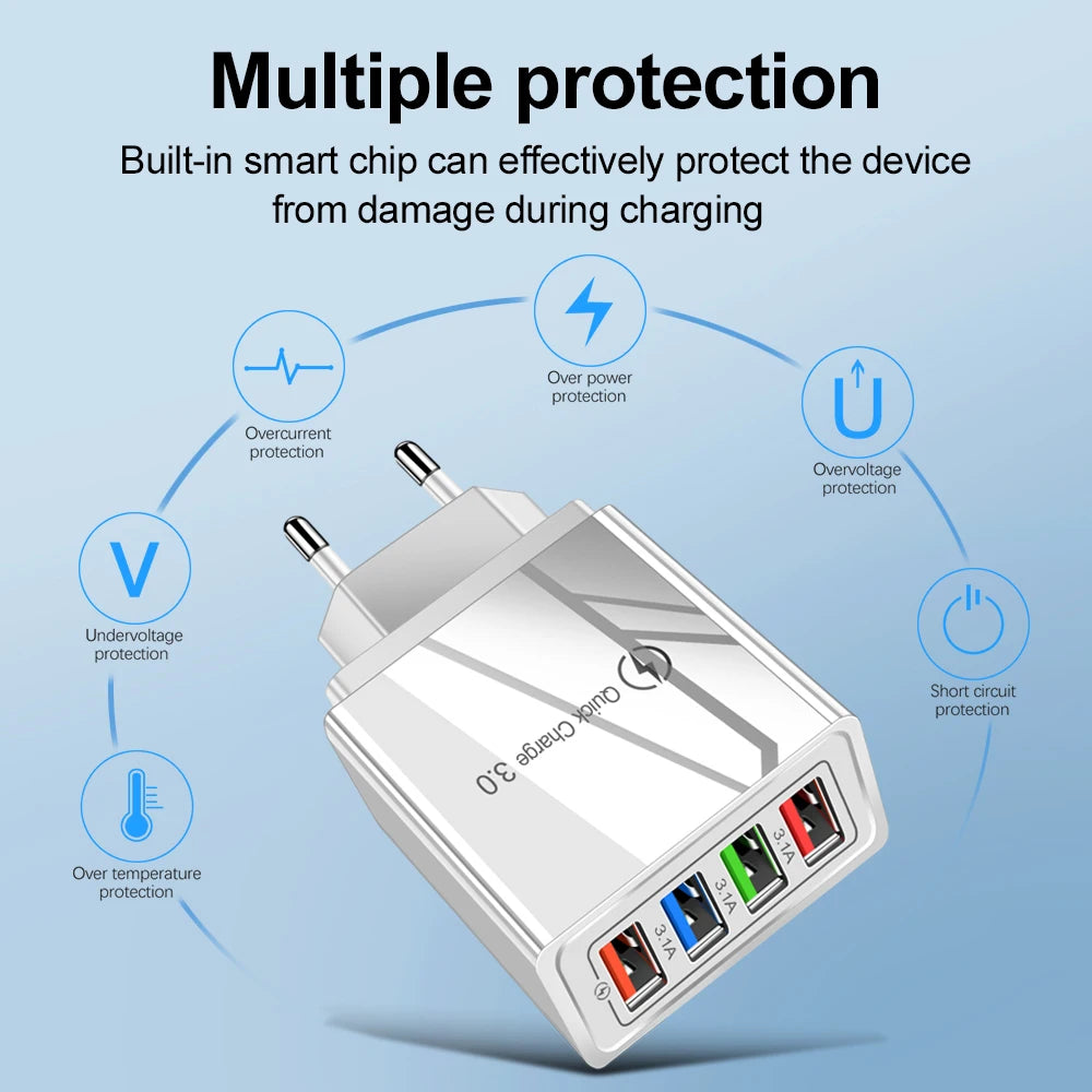 Multi-Port USB Charger | 4-Port 3A Fast Charging Wall Adapter