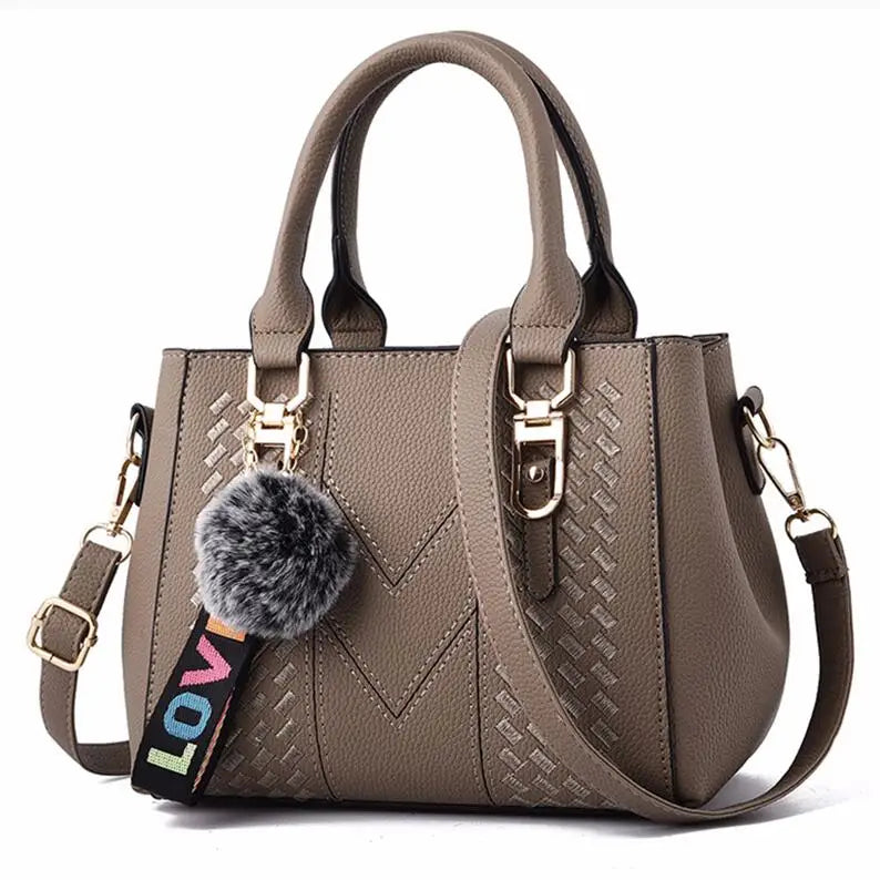 Women’s Embroidery Messenger Bag | Leather Handbag with Hair Ball