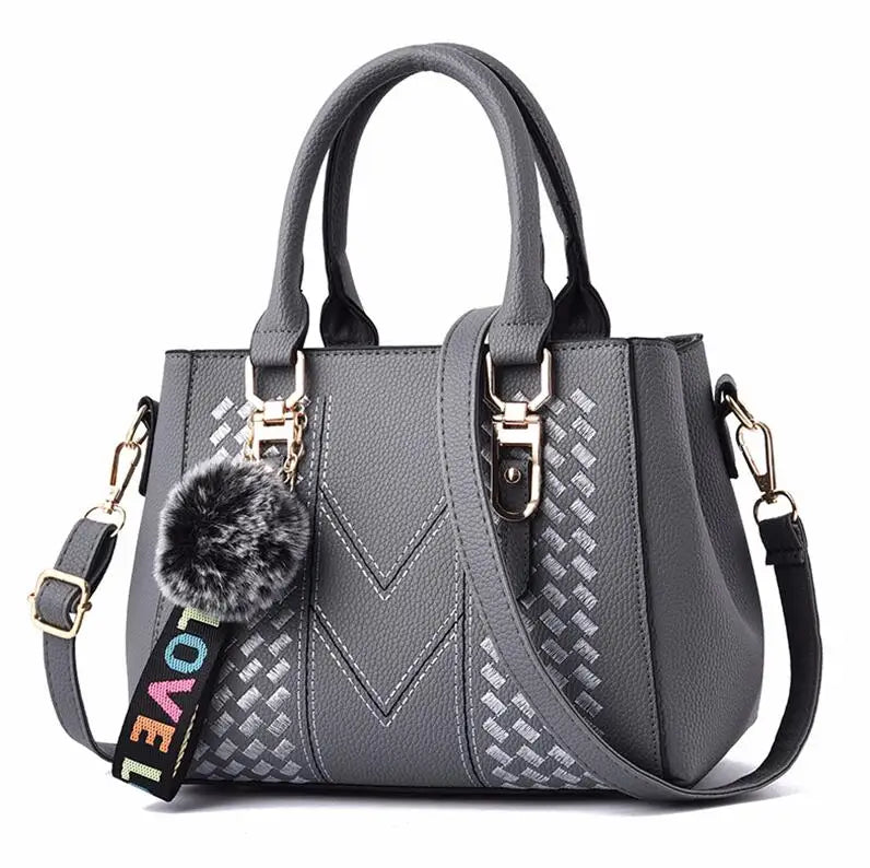 Women’s Embroidery Messenger Bag | Leather Handbag with Hair Ball