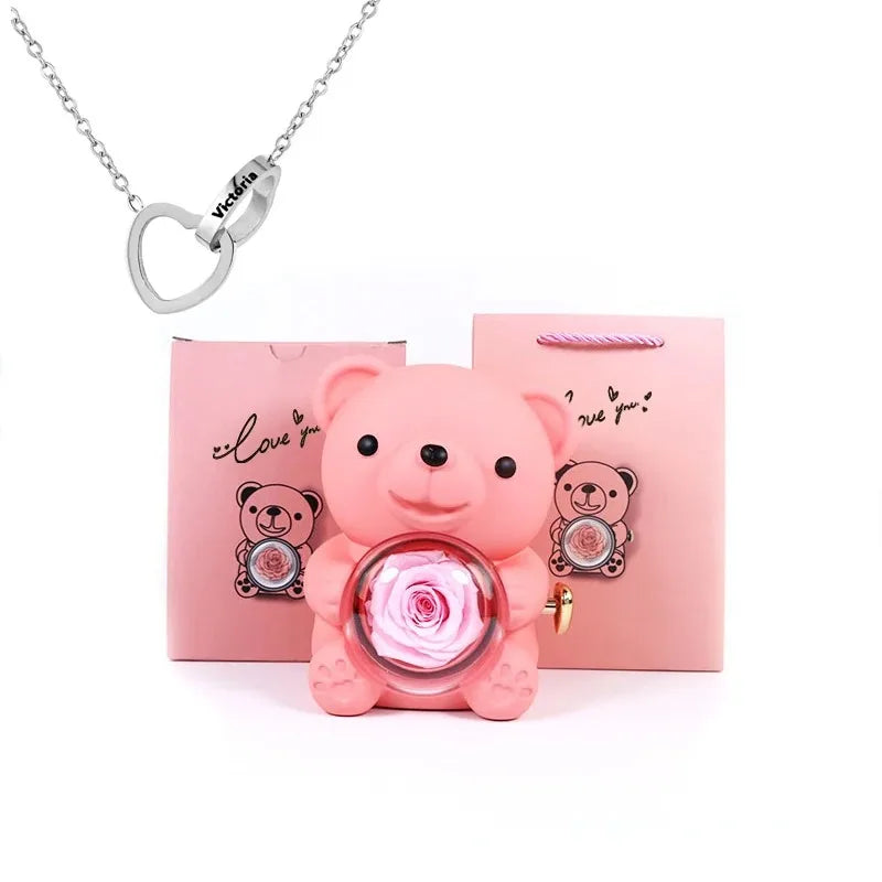 Eternal Rose Teddy Bear Jewelry Box & Name Necklace