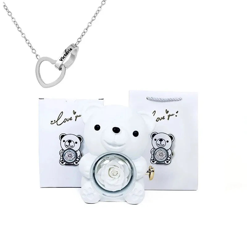 Eternal Rose Teddy Bear Jewelry Box & Name Necklace