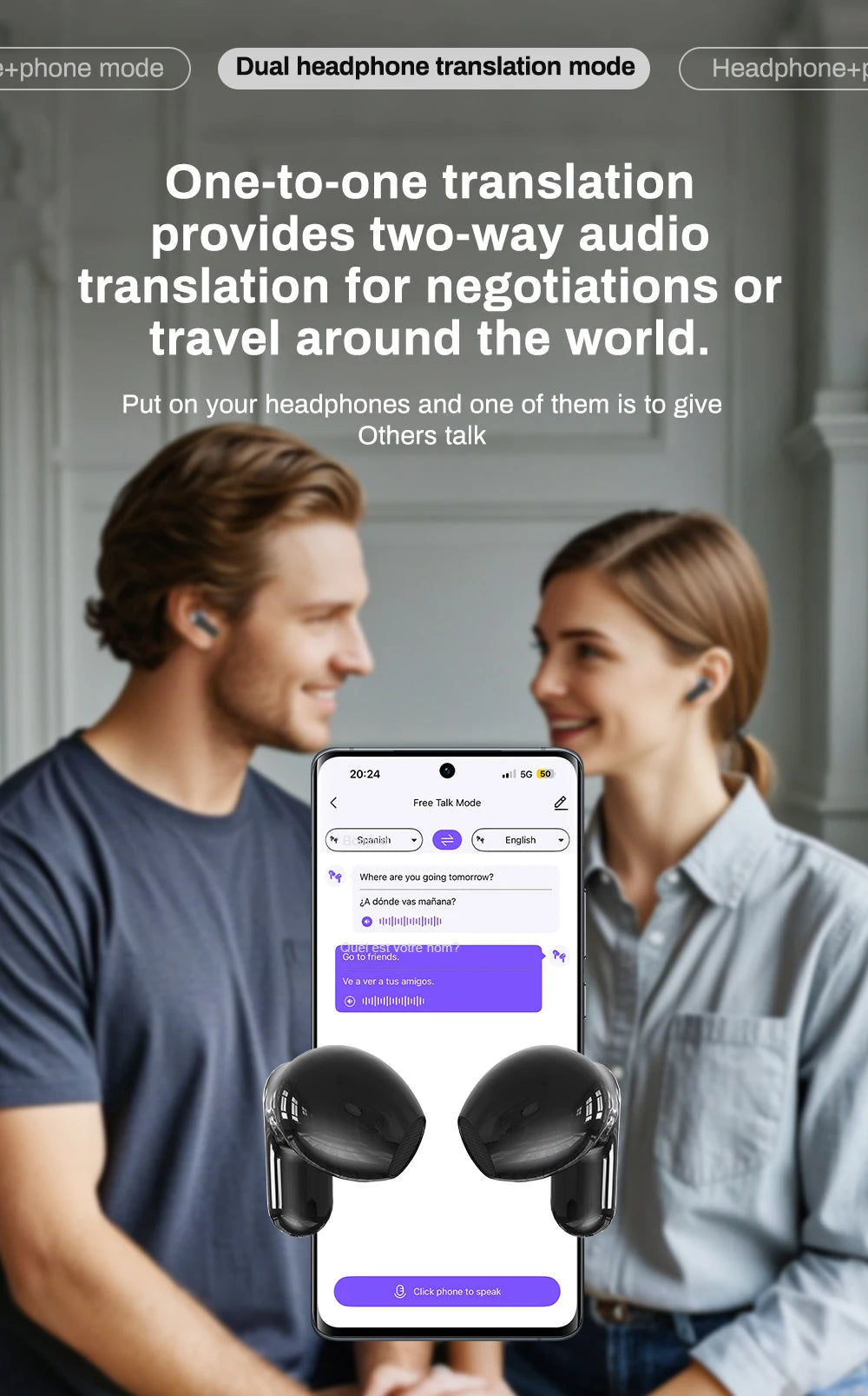 HTC NE20 Bluetooth 6.0 Wireless Translator Earphones – IPX4, Long Battery