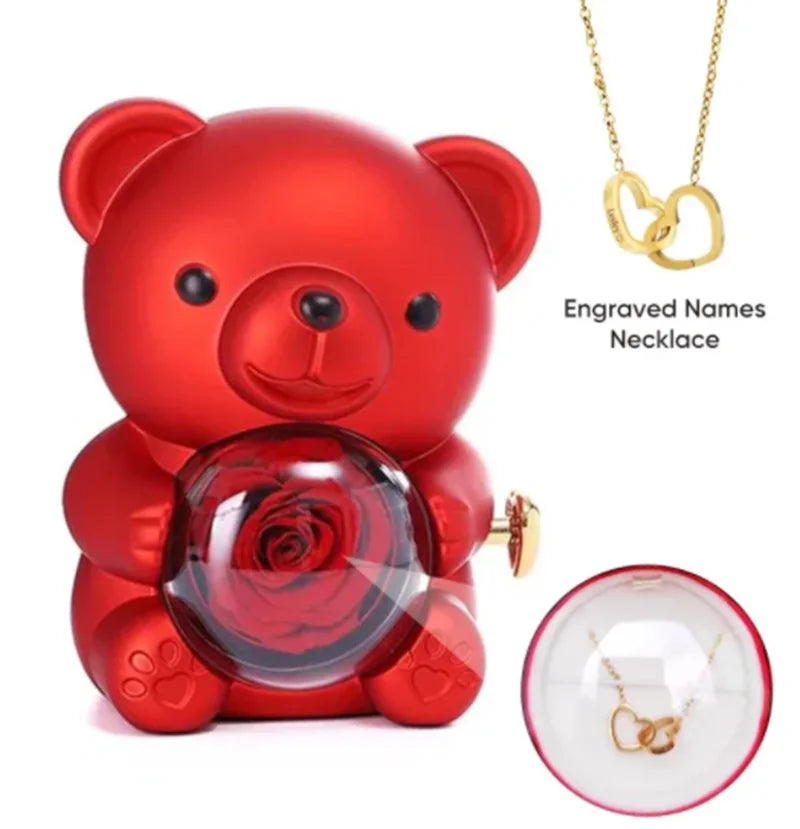 Eternal Rose Teddy Bear Jewelry Box & Name Necklace