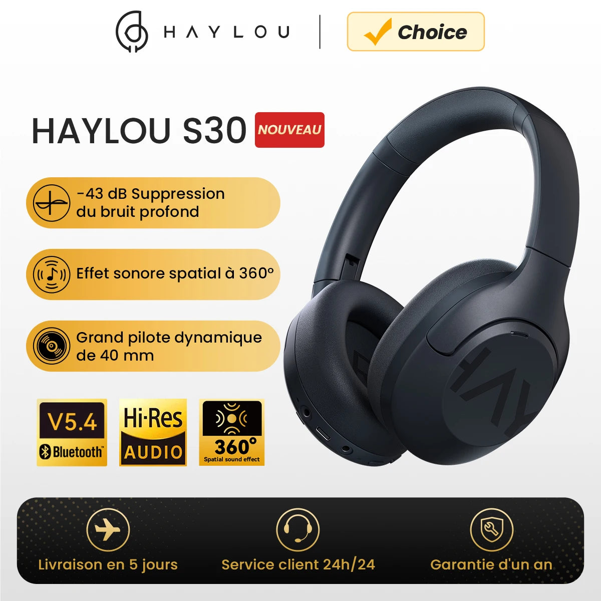 HAYLOU S30 Wireless Bluetooth 5.4 Headphones – 43dB ANC, 80H Playtime