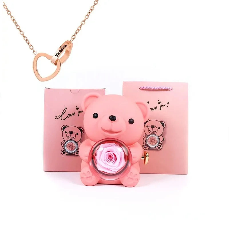 Eternal Rose Teddy Bear Jewelry Box & Name Necklace