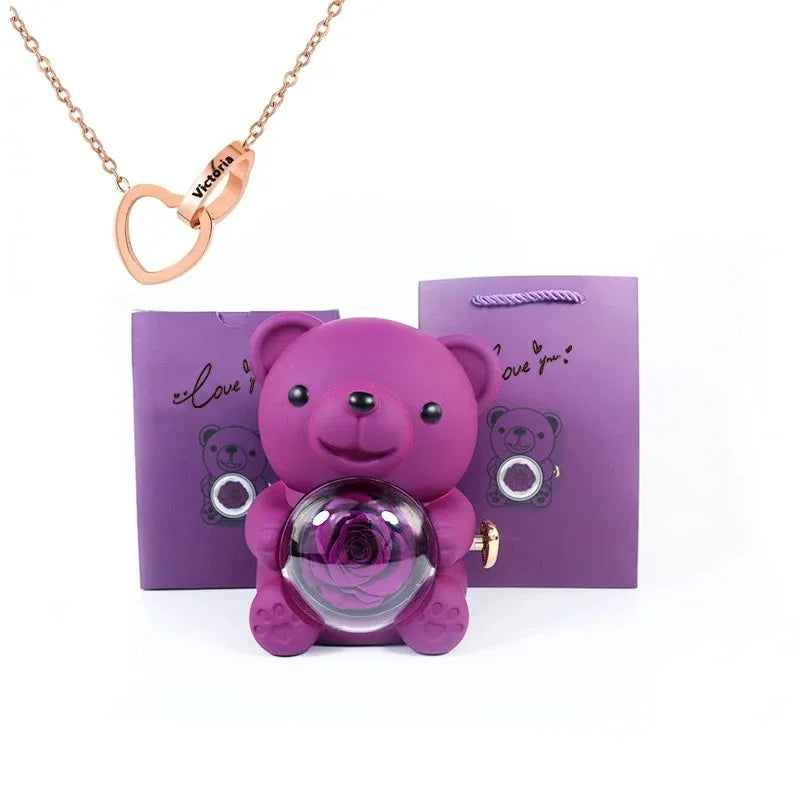Eternal Rose Teddy Bear Jewelry Box & Name Necklace