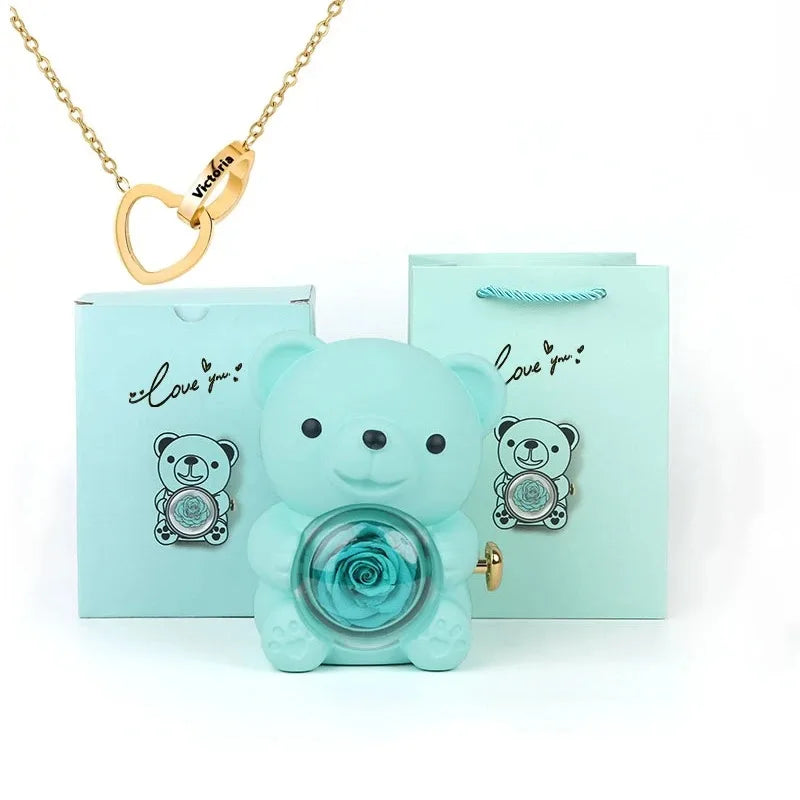Eternal Rose Teddy Bear Jewelry Box & Name Necklace
