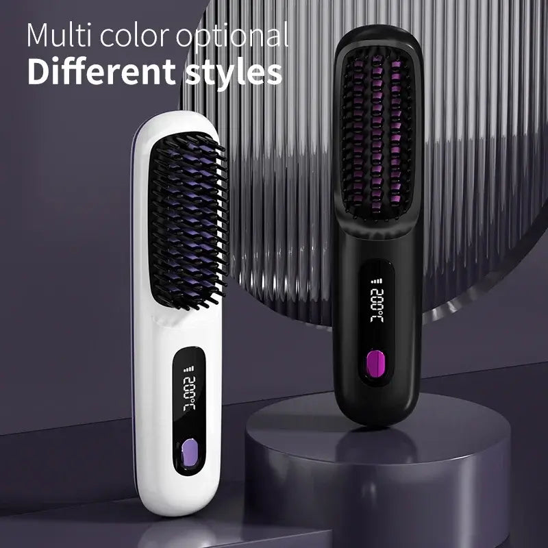 Rechargeable hair straightening comb in white and black styles with digital display for temperature control.