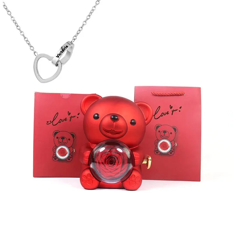Eternal Rose Teddy Bear Jewelry Box & Name Necklace