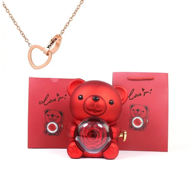 Eternal Rose Teddy Bear Jewelry Box & Name Necklace