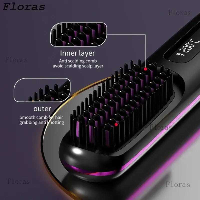 Close-up of NUOYING rechargeable hair straightening comb showing inner anti-scalding layer and outer smooth comb for easy styling.