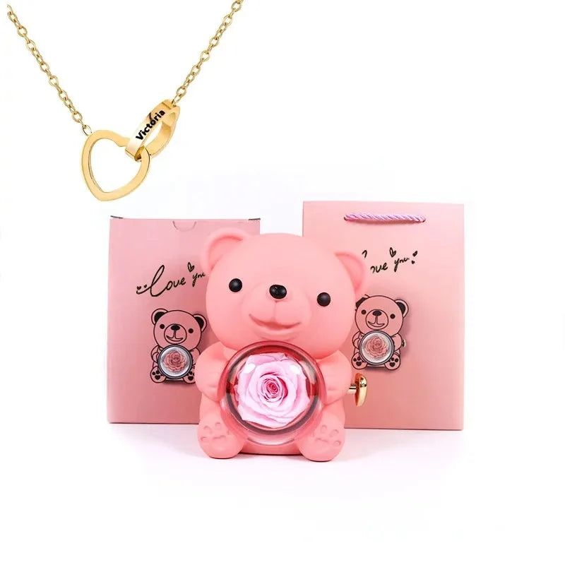 Eternal Rose Teddy Bear Jewelry Box & Name Necklace