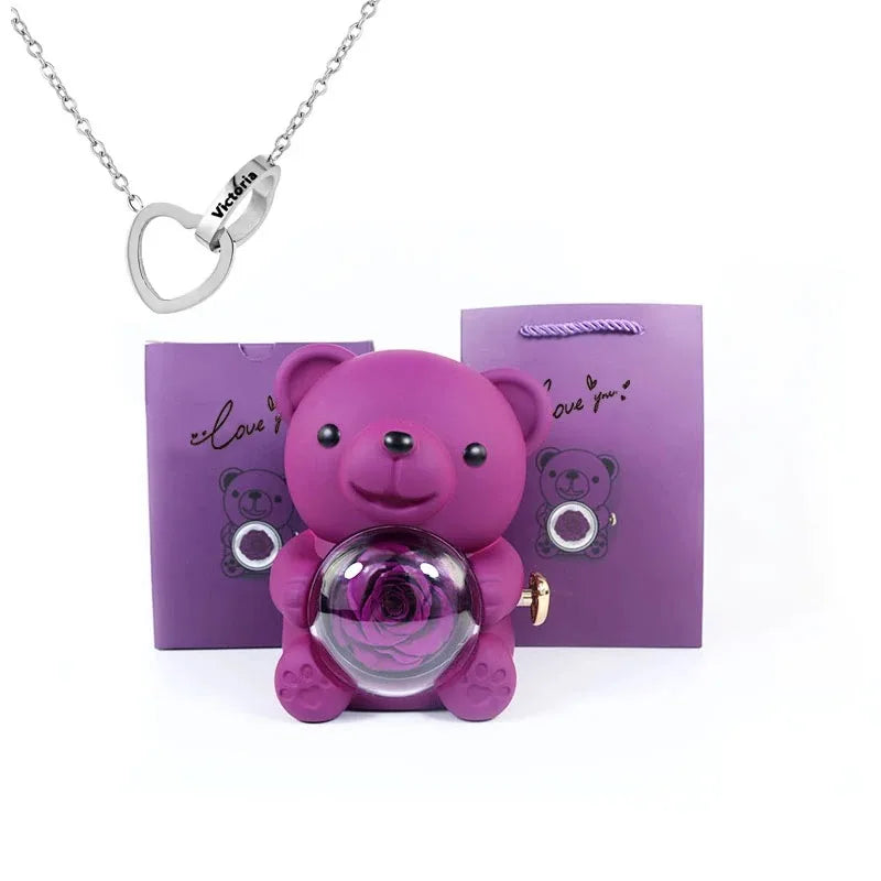 Eternal Rose Teddy Bear Jewelry Box & Name Necklace