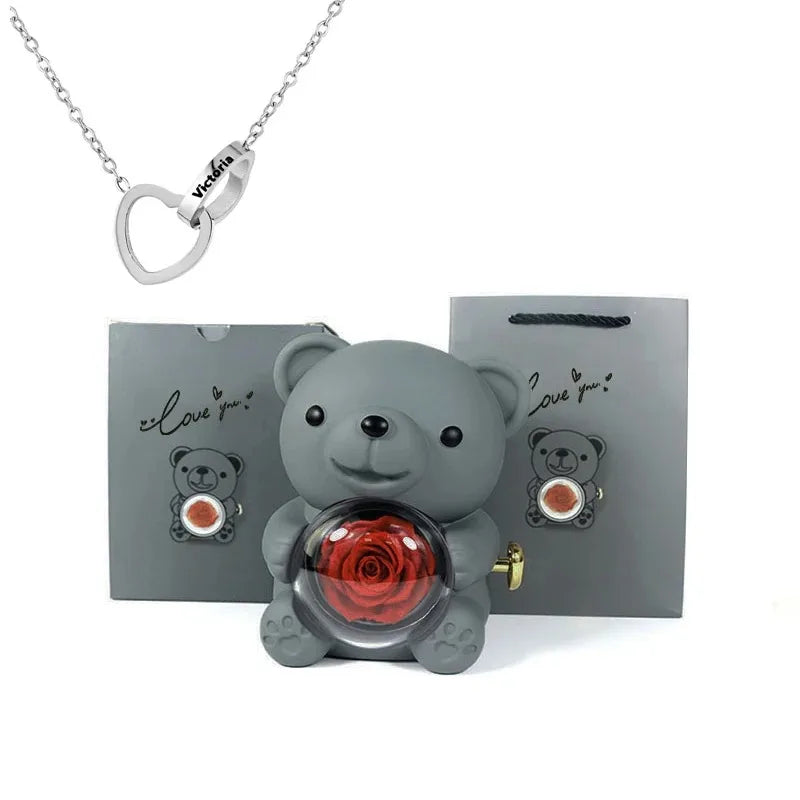 Eternal Rose Teddy Bear Jewelry Box & Name Necklace