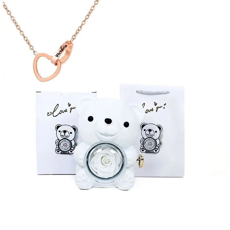 Eternal Rose Teddy Bear Jewelry Box & Name Necklace
