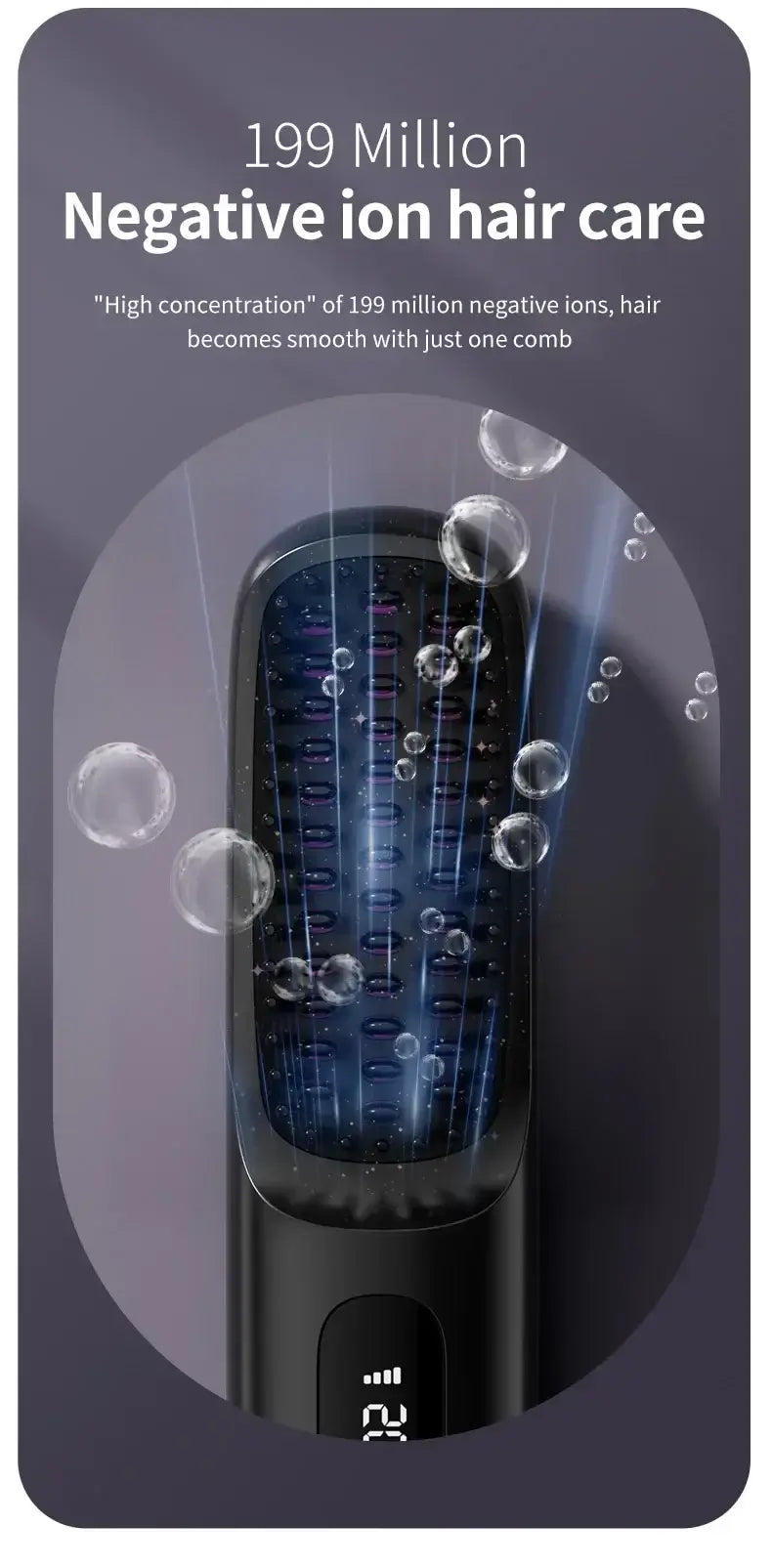 199 million negative ion hair care with NUOYING rechargeable hair straightening comb for smooth styling.