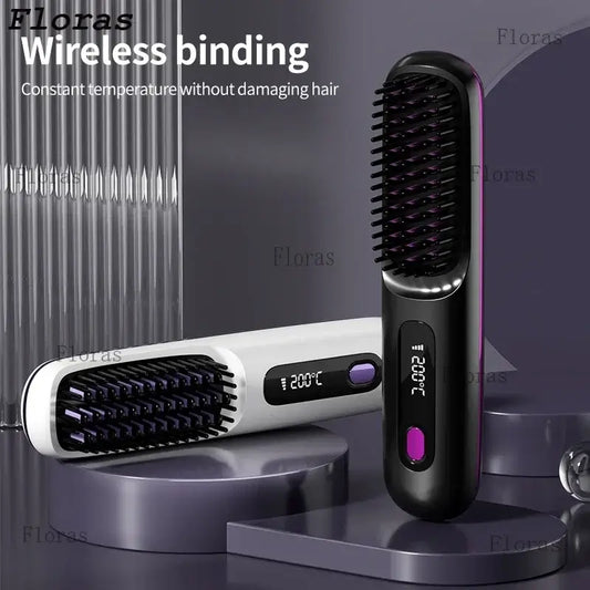 NUOYING S7 rechargeable hair straightening comb with LCD display, showcasing wireless design and ceramic bristles.