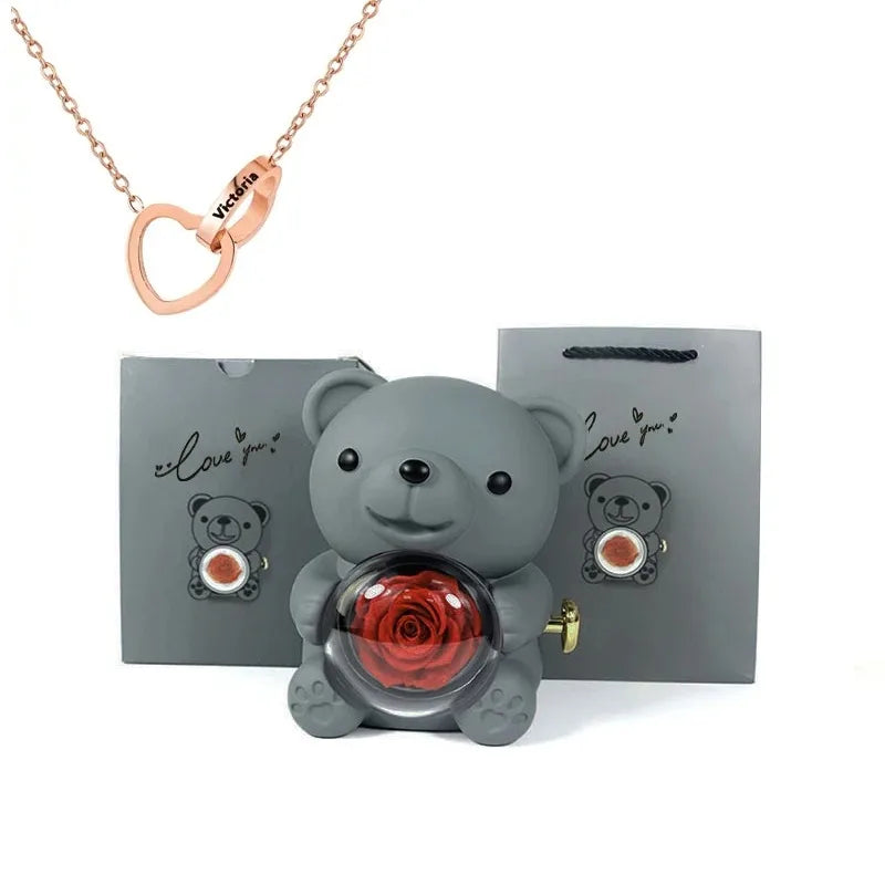 Eternal Rose Teddy Bear Jewelry Box & Name Necklace