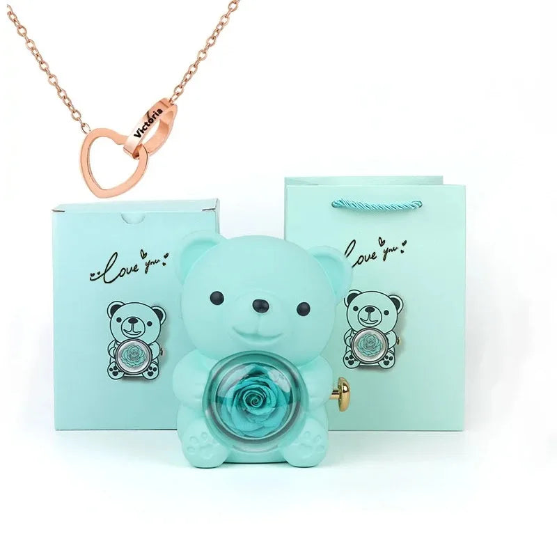 Eternal Rose Teddy Bear Jewelry Box & Name Necklace