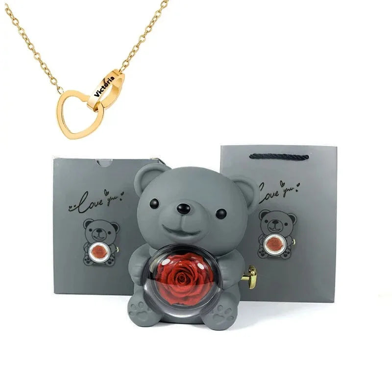 Eternal Rose Teddy Bear Jewelry Box & Name Necklace