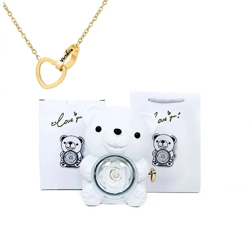 Eternal Rose Teddy Bear Jewelry Box & Name Necklace