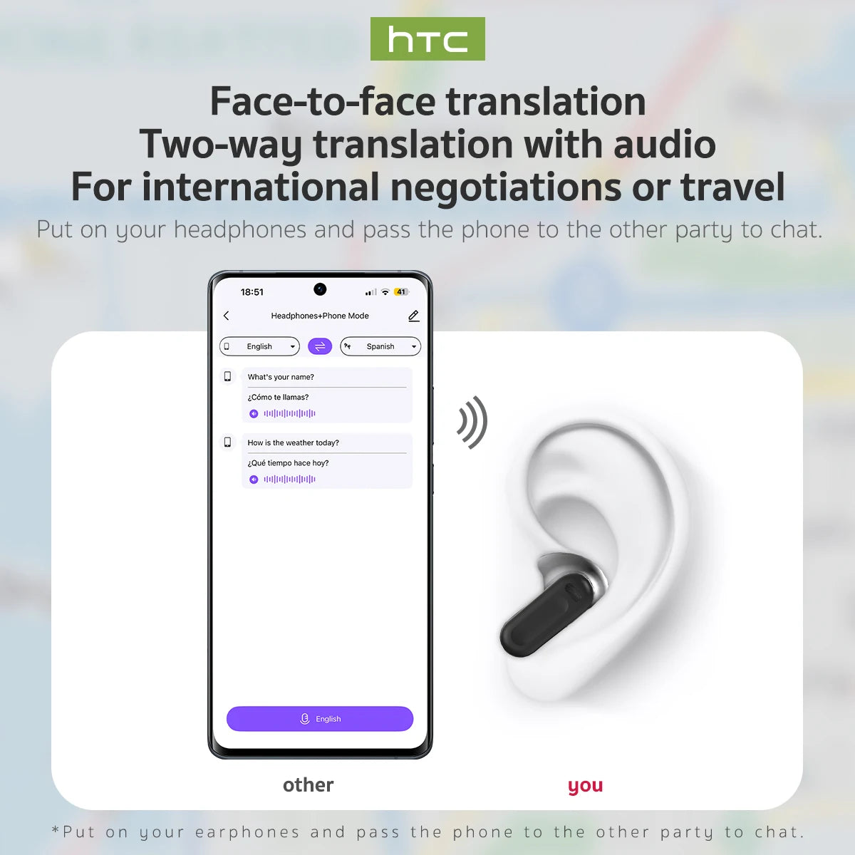 HTC NE20 Bluetooth 6.0 Wireless Translator Earphones – IPX4, Long Battery