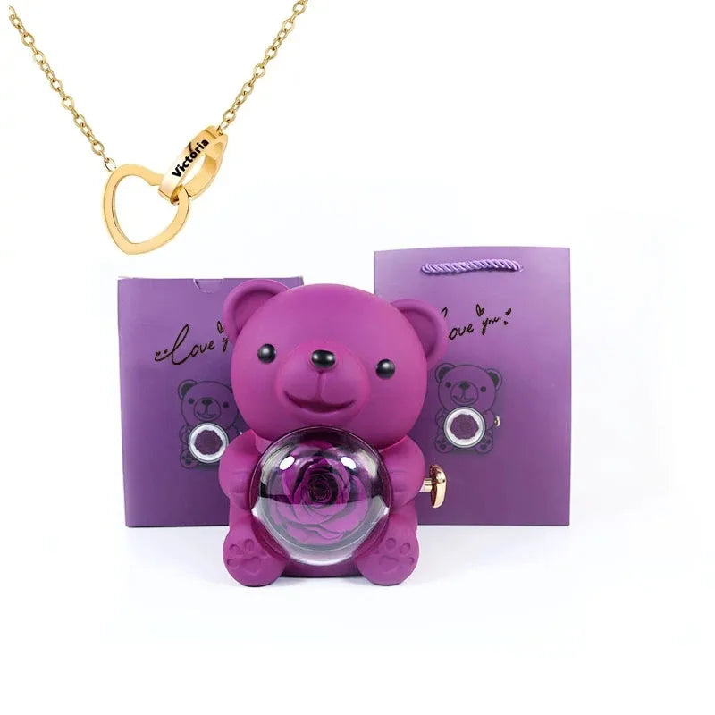 Eternal Rose Teddy Bear Jewelry Box & Name Necklace