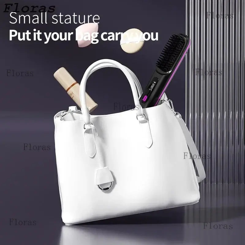 White handbag with beauty products including a rechargeable hair straightening comb inside, showcasing portable styling tools.