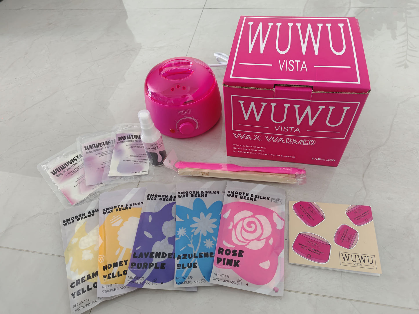 WUWUVISTA Waxing Kit 23 Items – Wax Warmer & Hair Removal Beads for Face, Body, Bikini & Sensitive Skin, US/EU Plug