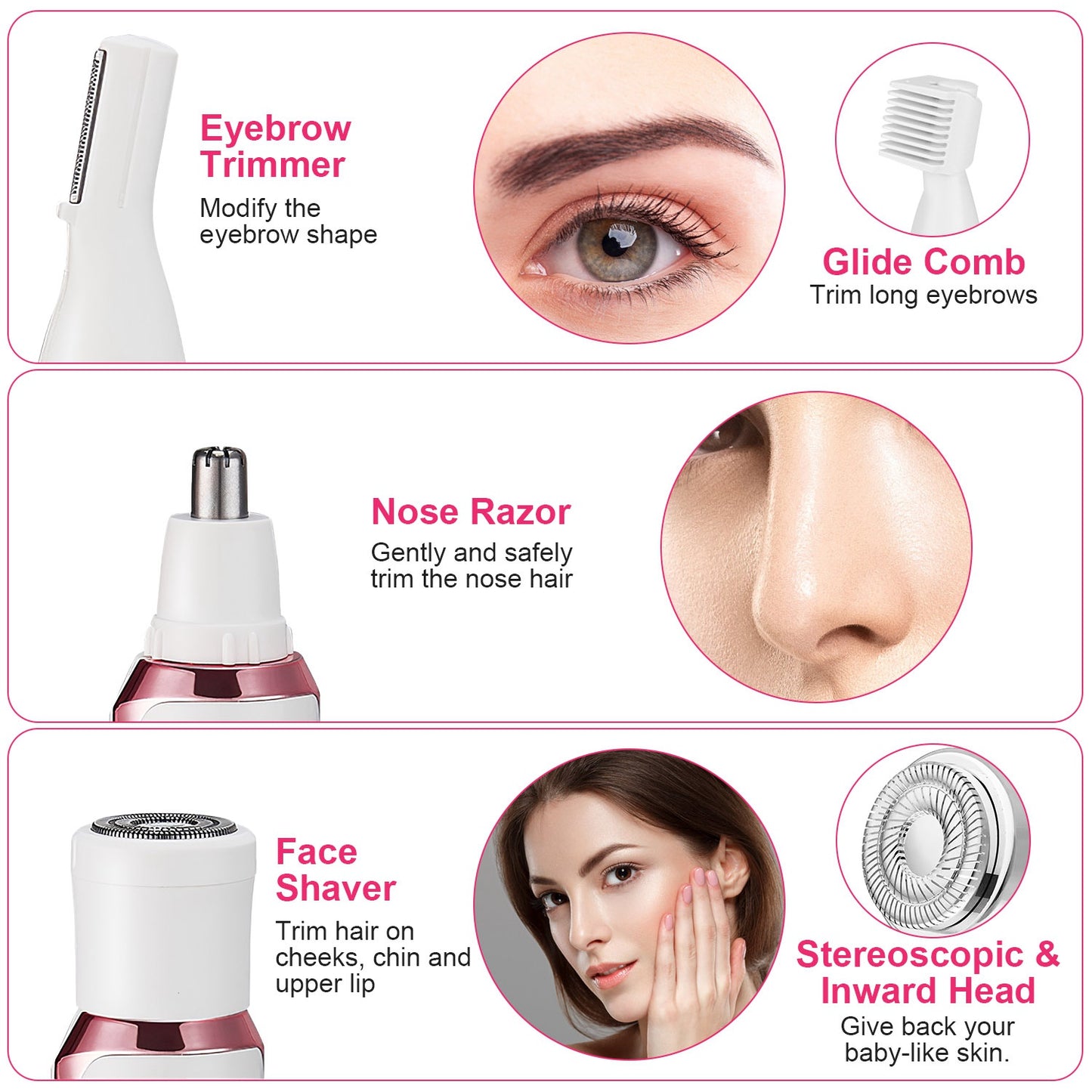 Women’s 4-in-1 Electric Trimmer – Painless Rechargeable Grooming Kit for Eyebrows, Nose, Face & Bikini Hair