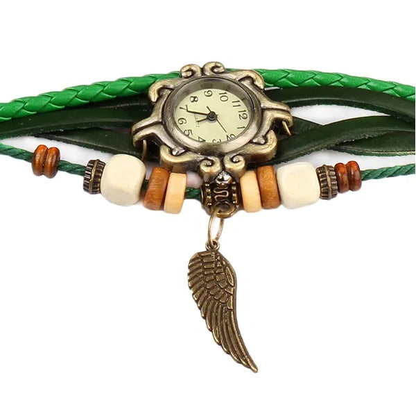 Beautiful Bohemian Retro Women’s Watch – Handmade Leather Bracelet with Angel Wing Charm