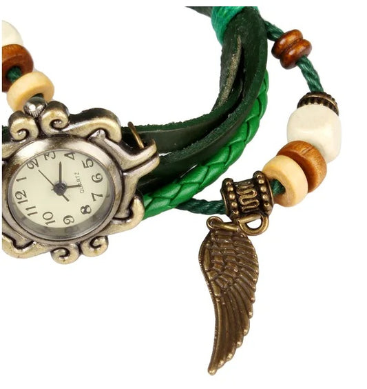 Beautiful Bohemian Retro Women’s Watch – Handmade Leather Bracelet with Angel Wing Charm