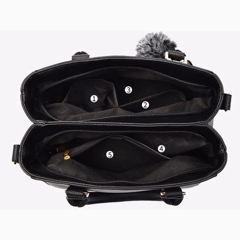 Women’s Embroidery Messenger Bag | Leather Handbag with Hair Ball