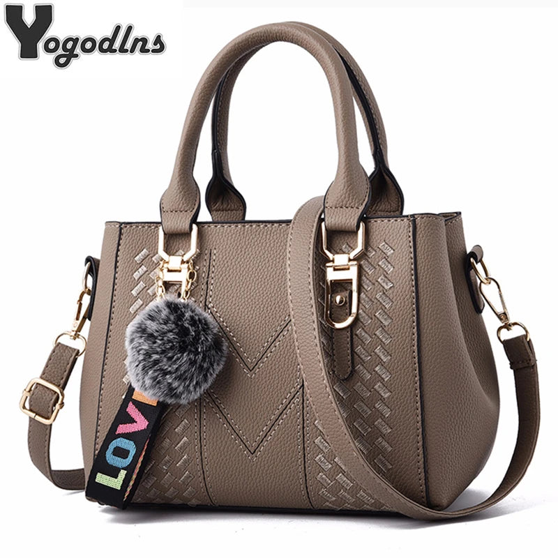 Women’s Embroidery Messenger Bag | Leather Handbag with Hair Ball