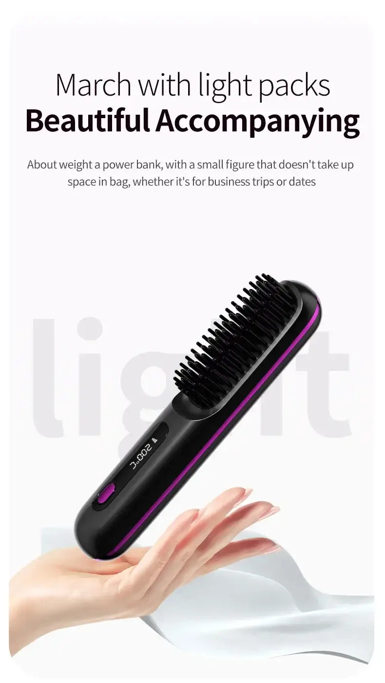 NUOYING S7 rechargeable hair straightening comb with compact design for travel and styling on-the-go.