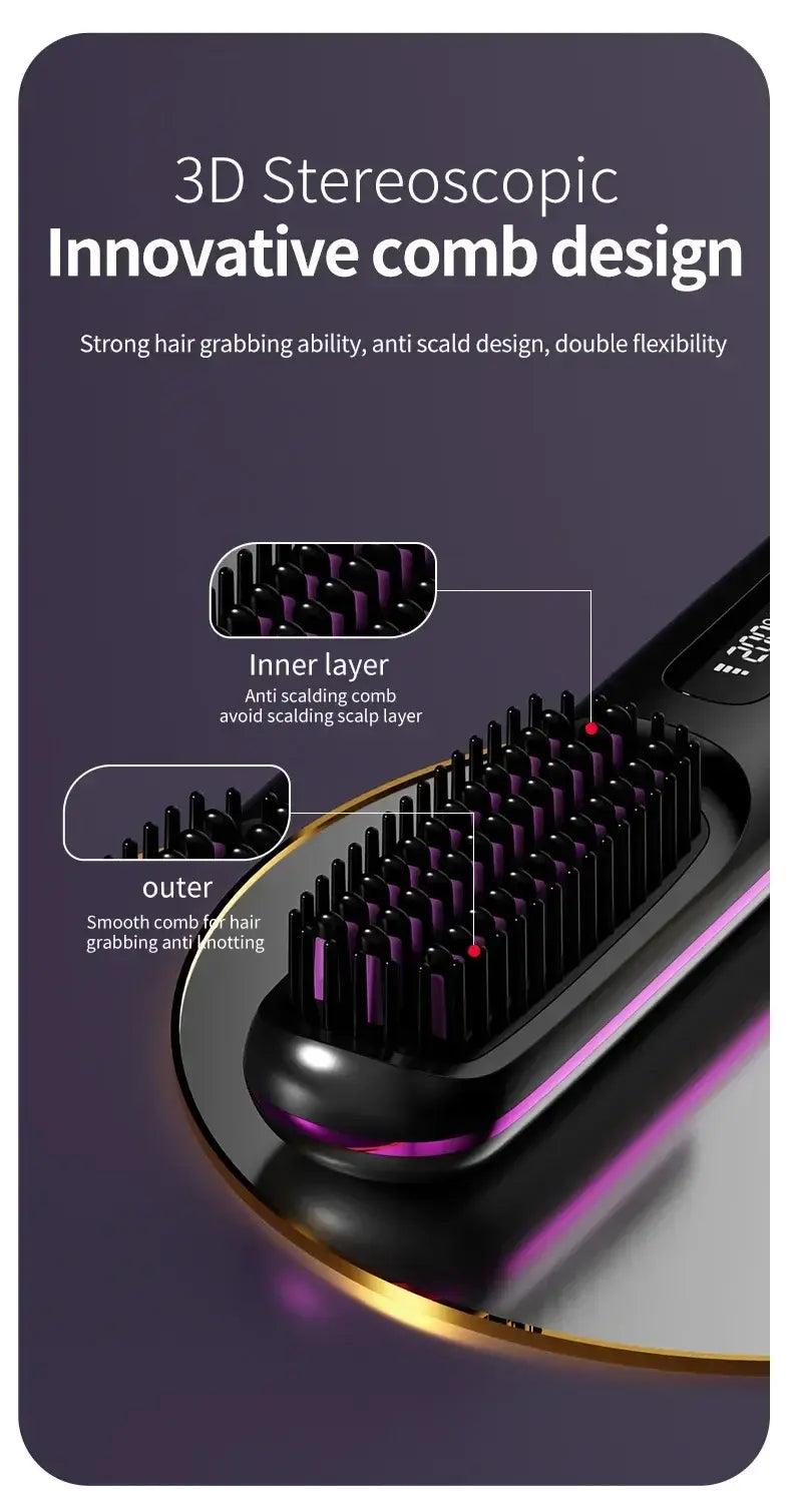 NUOYING S7 rechargeable hair straightening comb with compact design for travel and styling on-the-go.