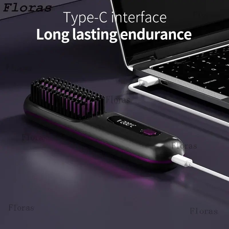 Rechargeable hair straightening comb demonstrating Type-C interface and long-lasting endurance.