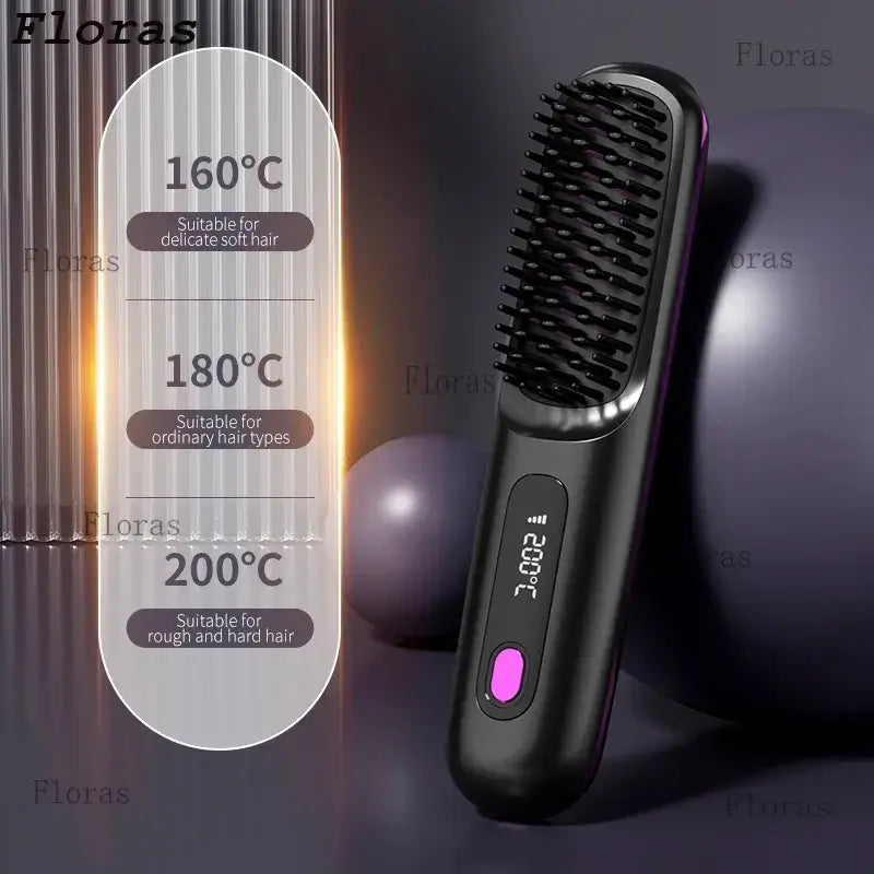 Rechargeable hair straightening comb with adjustable temperature settings for various hair types.