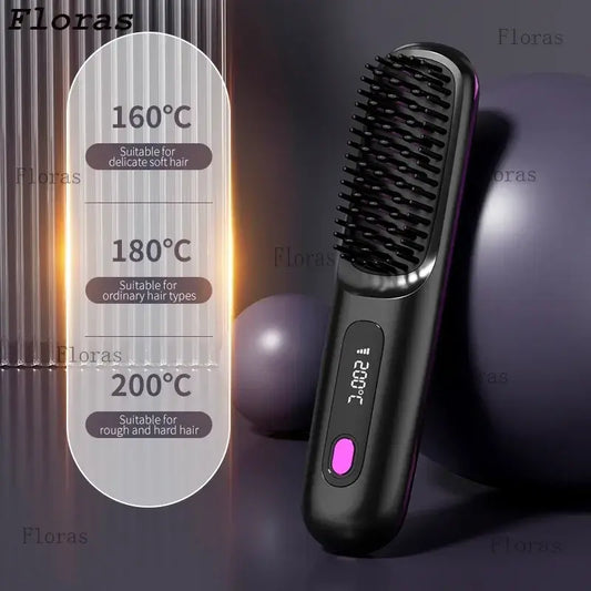 Rechargeable hair straightening comb with adjustable temperature settings for various hair types.