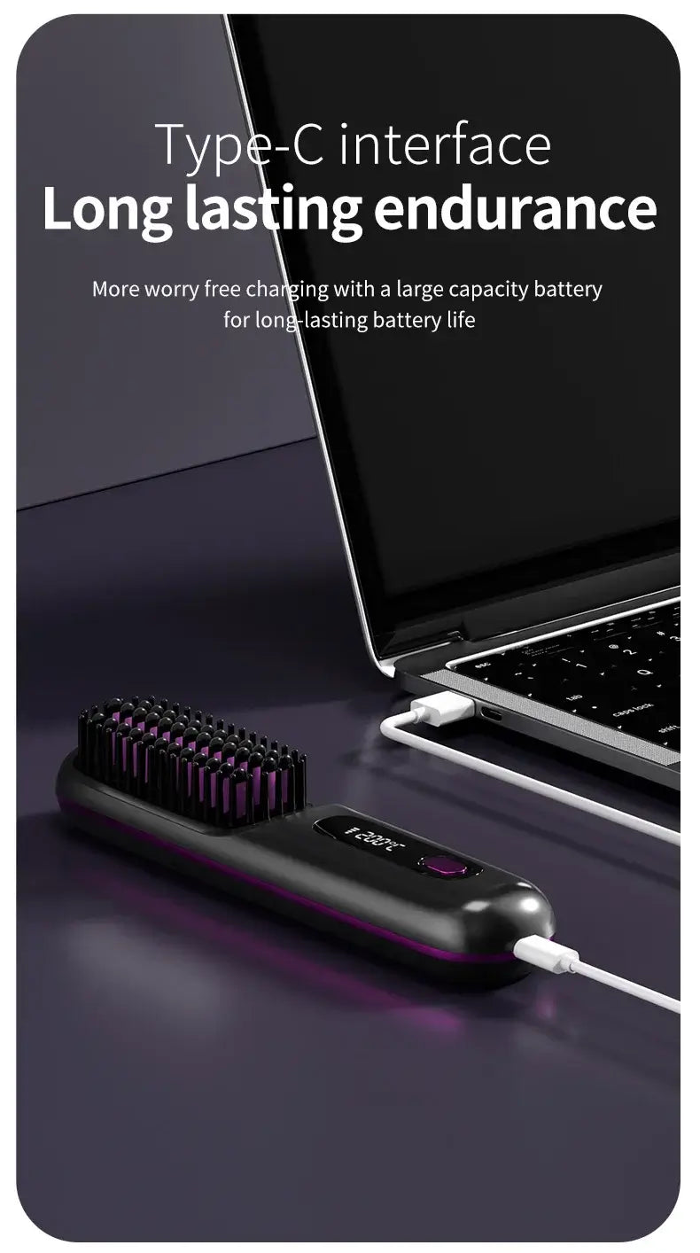 NUOYING S7 rechargeable hair straightening comb with compact design for travel and styling on-the-go.