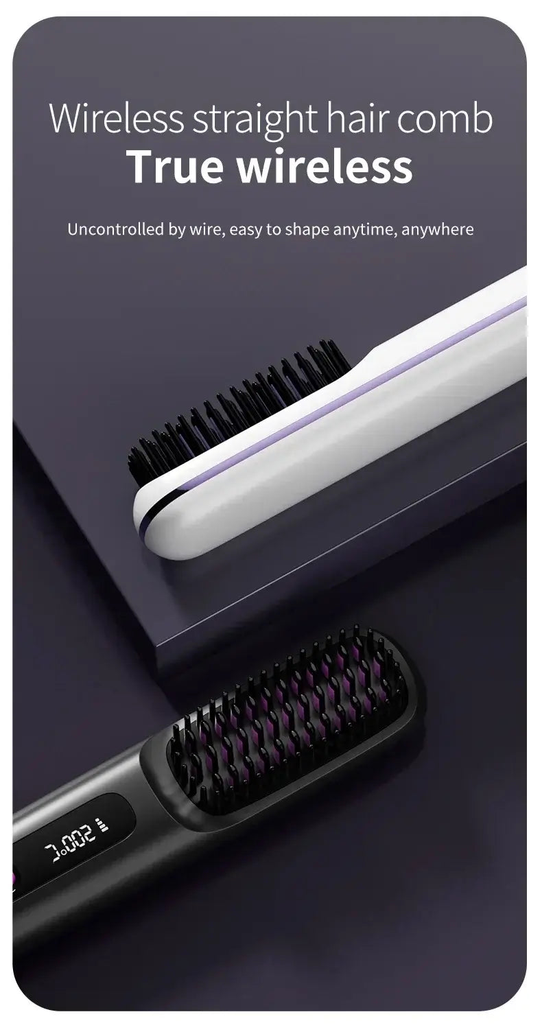 Wireless rechargeable hair straightening comb showcasing true wireless technology for easy styling anytime, anywhere.