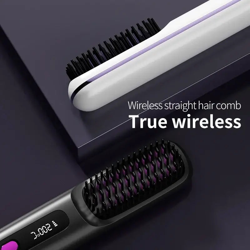 Rechargeable hair straightening comb showcasing true wireless design and sleek modern features.