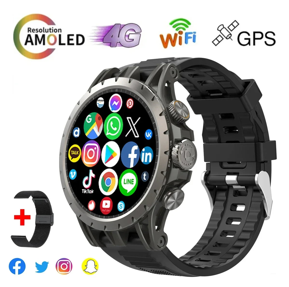 Montre intelligente 5G Android 9.0, écran AMOLED 1,43", GPS, WiFi, appel vidéo 5MP