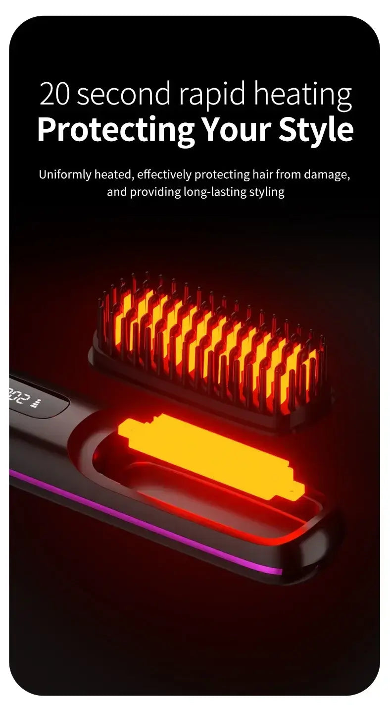 Electric LCD USB ceramic heating straight hair comb with rapid heating feature and protective technology for styling.